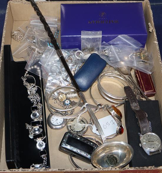 A Georgian white metal toddy ladle, Indian earrings, assorted jewellery including silver and a Waterman pen.